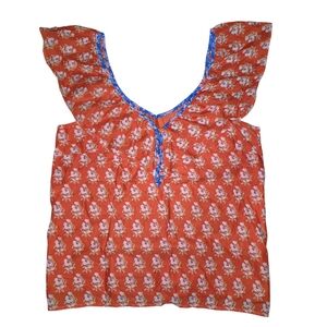 J. Crew Orange Floral Blouse with Ruffle Sleeves Women's Size Small.